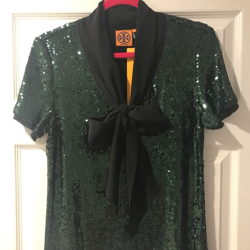 Tory Burch top dark green sequins sparkly w/bow M